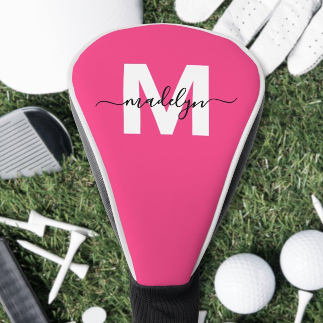 Hot Pink Script Monogrammed Golf Head Cover (Personalized Pink Monogram Name Golf Head Cover )