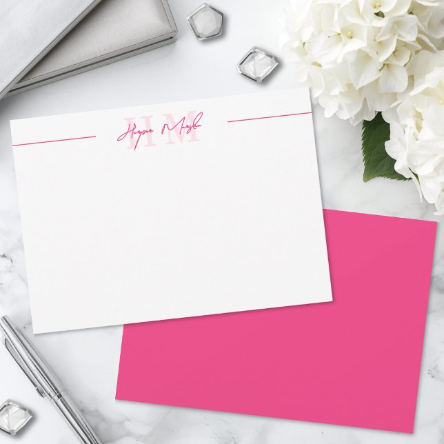 Hot Pink Script Name Monogram Note Card (Hot Pink Script Name Monogram Note Card )
