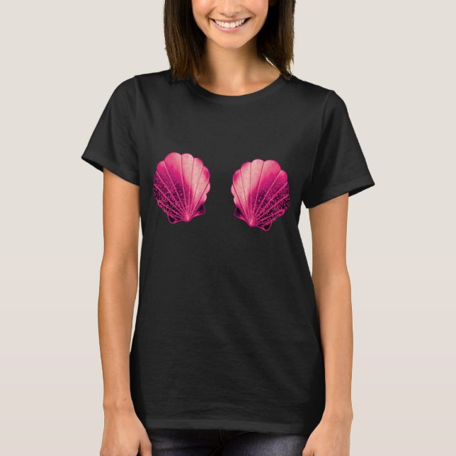 Hot Pink Sea Shell Mermaid Bra Halloween Costume T-Shirt (Front)