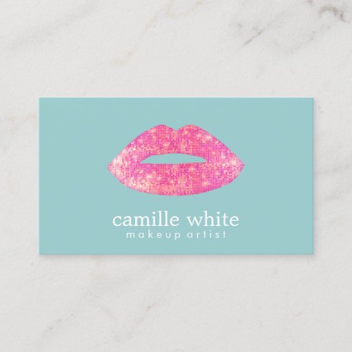 Hot Pink Sequin Lips Beauty Teal Business Card Templates