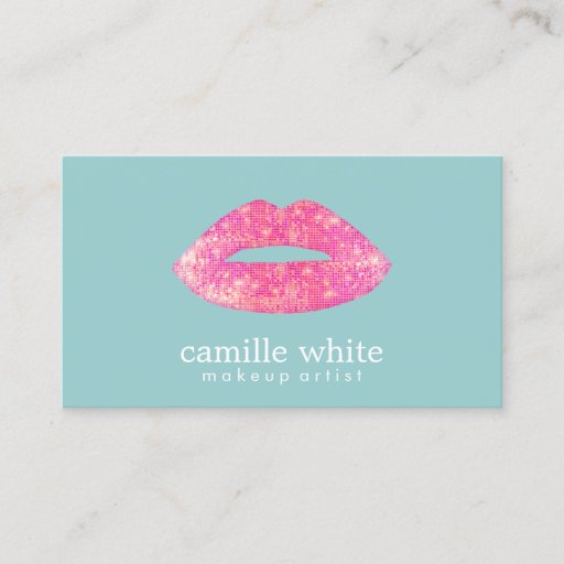 Customizable Hot Pink Sequin Lips Beauty Teal Business Card Templates
