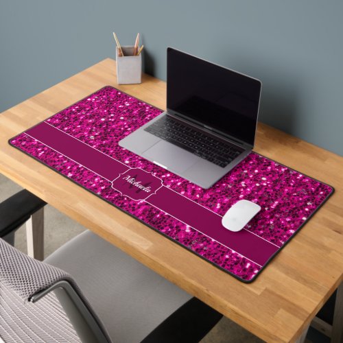 Hot pink shiny glitter sparkles Monogram Desk Mat