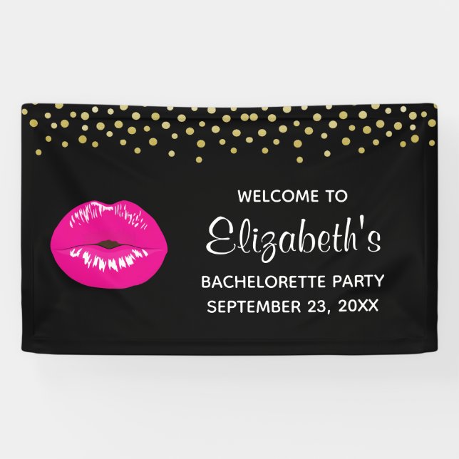 Hot Pink Shiny Lips on Black Bachelorette Banner (Horizontal)