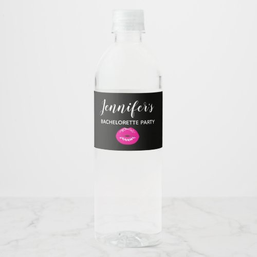 Hot Pink Shiny Lips on Black Bachelorette Water Bottle Label