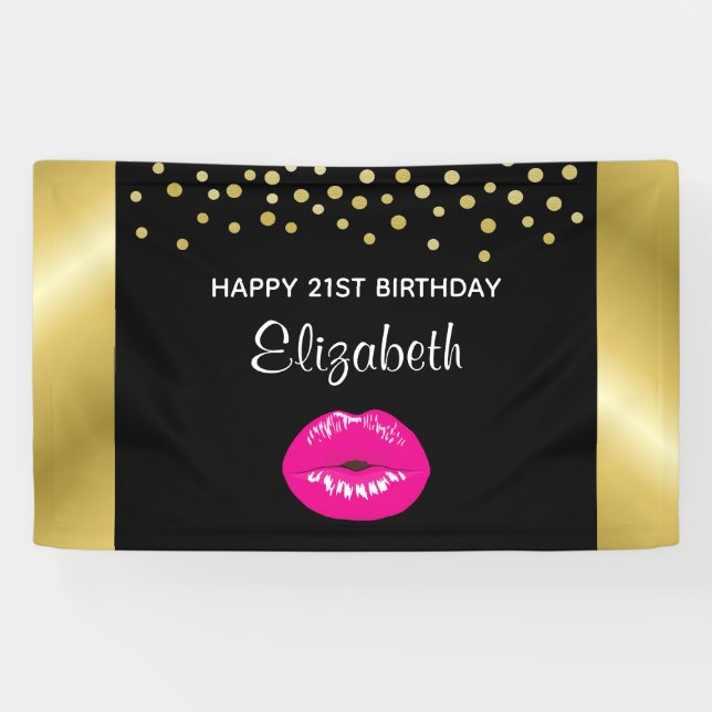 Hot Pink Shiny Lips on Black Birthday Banner (Horizontal)