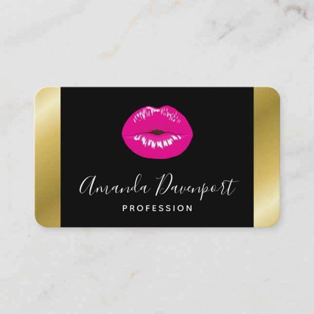Hot Pink Shiny Lips on Black Business Card (Front)