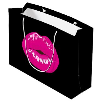 Hot Pink Shiny Lips on Black Large Gift Bag