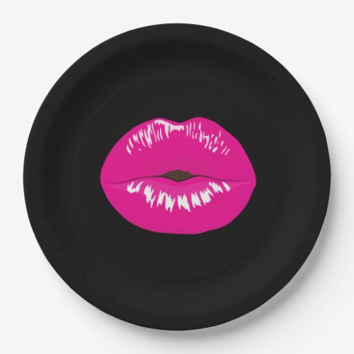 Hot Pink Shiny Lips on Black Paper Plates