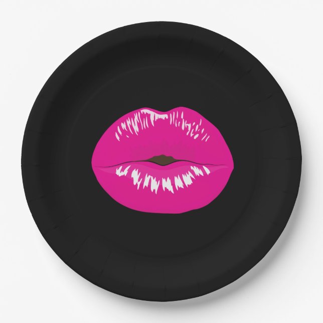 Hot Pink Shiny Lips on Black Paper Plates (Front)