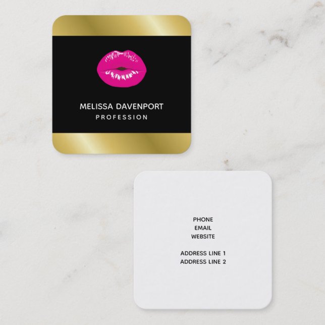 Hot Pink Shiny Lips on Black Square Business Card (Front/Back)