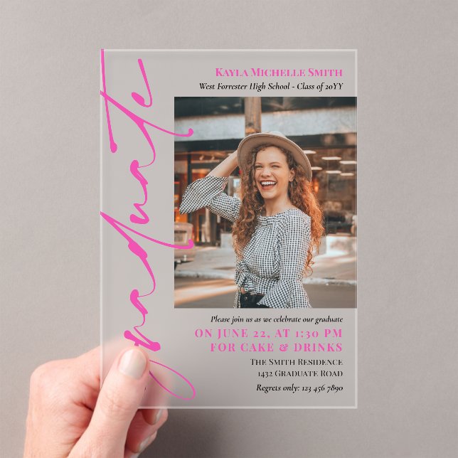 Hot Pink Signature Script Photo Graduation Party Acrylic Invitations (Insitu (Handheld))