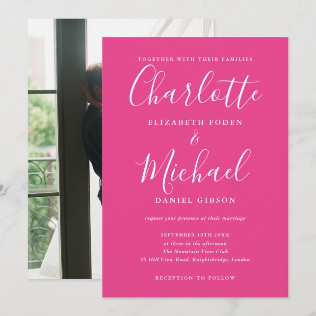 Hot Pink Signature Script Photo Wedding Invitation (Front/Back)