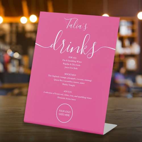 Hot Pink Signature Script Wedding Logo Drinks Menu Pedestal Sign