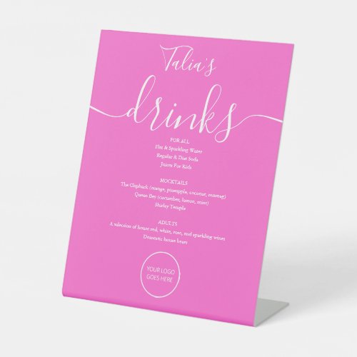 Hot Pink Signature Script Wedding Logo Drinks Menu Pedestal Sign
