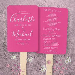 Hot Pink Signature Script Wedding Program Hand Fan