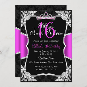 Hot Pink Silver Black Tiara Sweet 16 Invitation