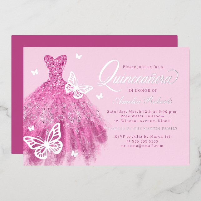 Hot Pink Silver Butterfly Dress Quinceanera  Foil Invitation (Front/Back)