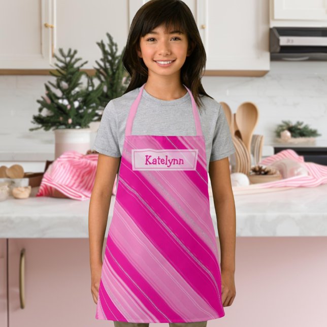 Hot Pink & Silver Candy Cane Stripe Add Your Name Apron (Creator Uploaded)