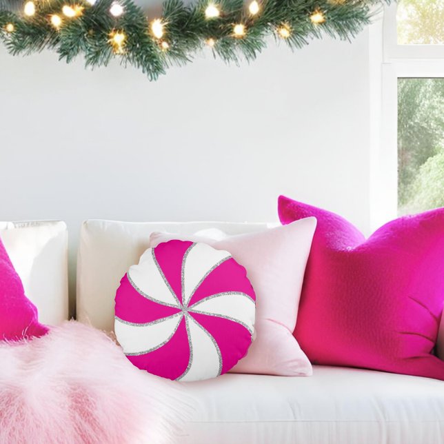 Hot Pink & Silver Candy Cane Stripe & Peppermint  Round Pillow (Creator Uploaded)