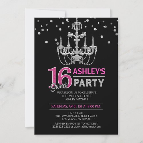 Hot Pink Silver Chandelier SWEET SIXTEEN 16 Party Invitation