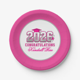 Hot Pink & Silver Class of 2026 Graduation Paper Plates