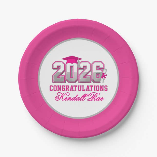 Hot Pink & Silver Class of 2026 Graduation Paper Plates (Front)