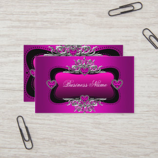 Hot Pink Silver Diamond Hearts Elegant Business Card