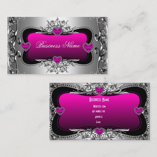 Customizable Hot Pink Silver Diamond Image Hearts Elegant Business Card