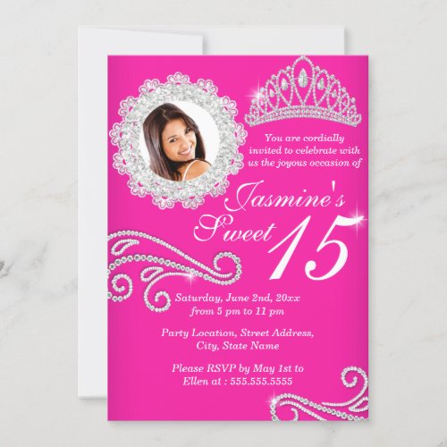 Hot Pink Silver Diamond Tiara Photo Quinceanera Invitation