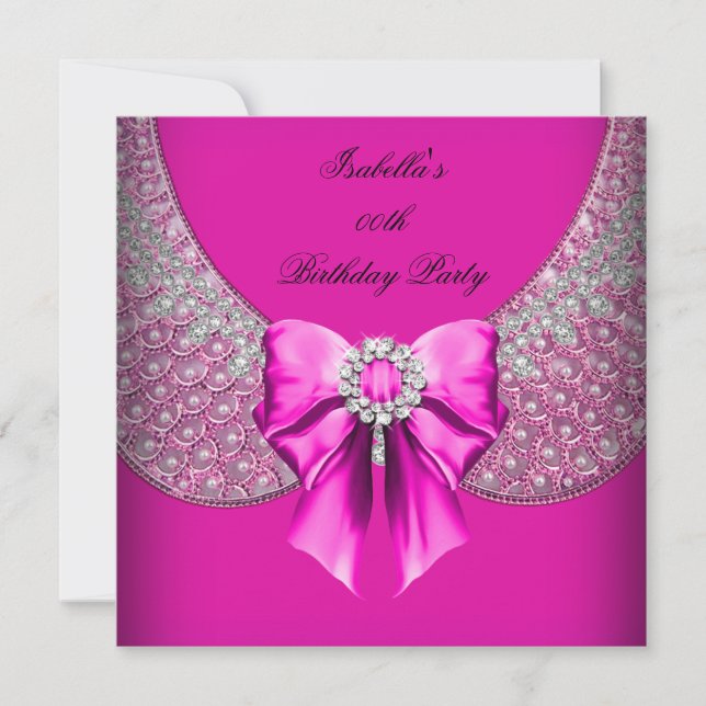 Hot Pink Silver Elegant Birthday Party Invitation (Front)