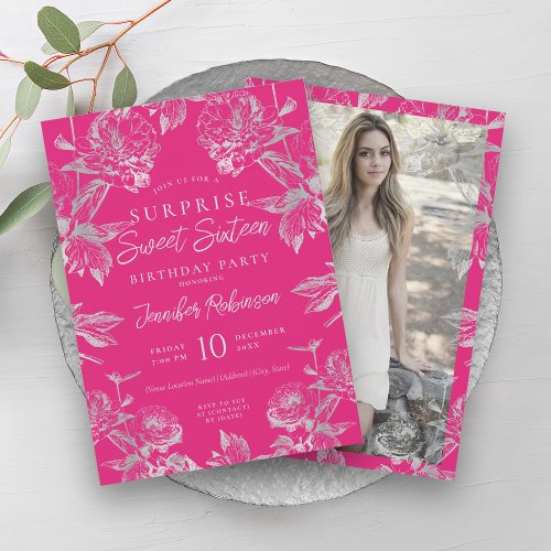 Hot Pink  Silver Floral Photo SURPRISE Sweet 16   Invitation