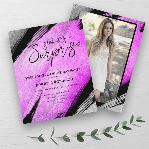 Hot Pink Silver Foil Surprise Sweet 16 Invites 