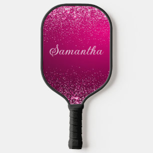 Hot Pink Silver Glitter Name Script Pickleball Paddle