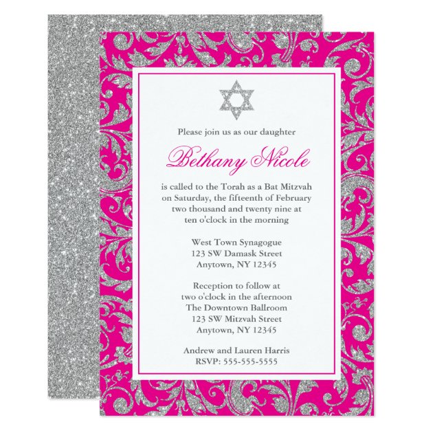 Hot Pink Silver Glitter Swirl Damask Bat Mitzvah Invitation