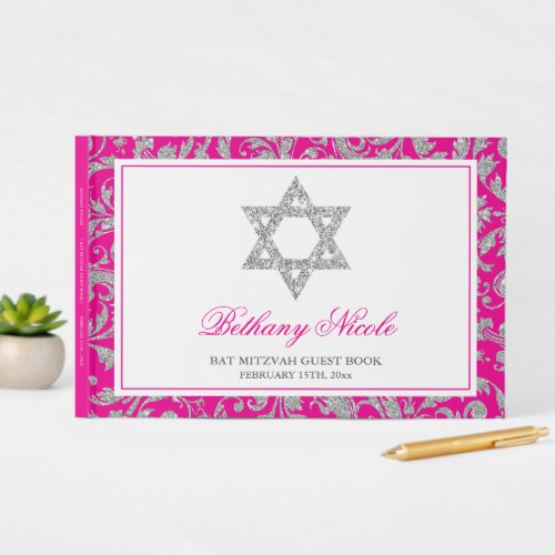 Hot Pink Silver Glitter Swirl Damask Bat Mitzvah Guest Book