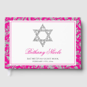 Hot Pink Silver Glitter Swirl Damask Bat Mitzvah Guest Book