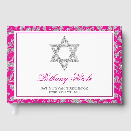 Hot Pink Silver Glitter Swirl Damask Bat Mitzvah