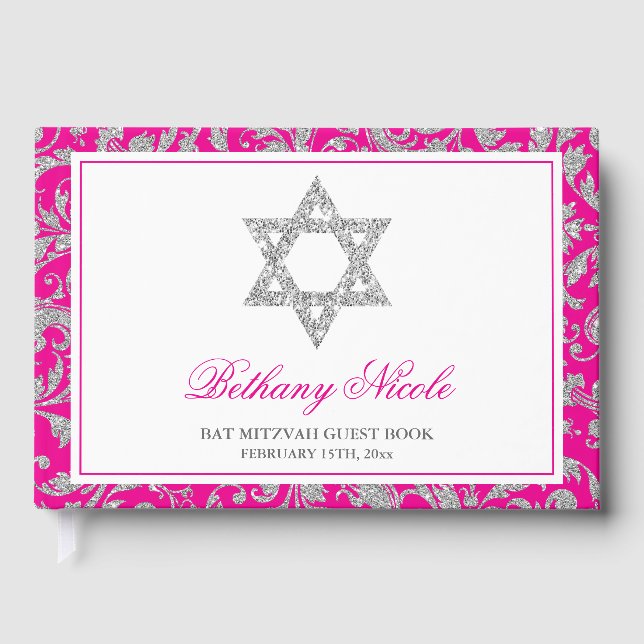 Hot Pink Silver Glitter Swirl Damask Bat Mitzvah Guest Book (Front)