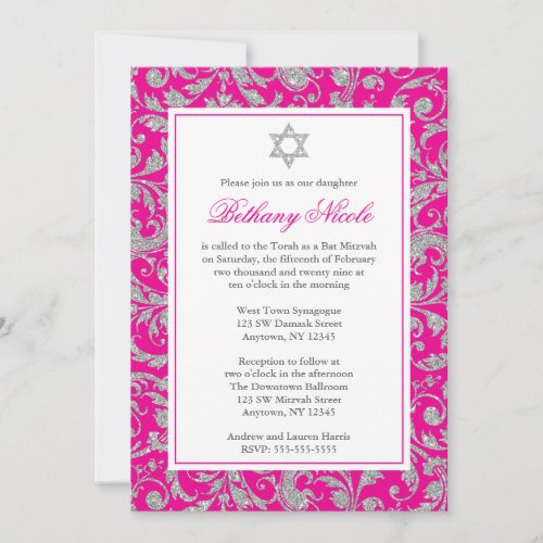 Hot Pink Silver Glitter Swirl Damask Bat Mitzvah Invitation