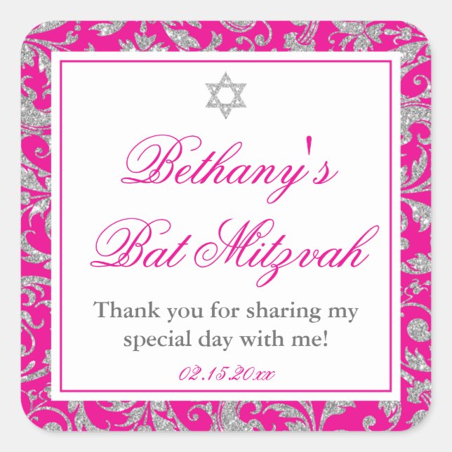 Hot Pink Silver Glitter Swirl Damask Bat Mitzvah Square Sticker (Front)