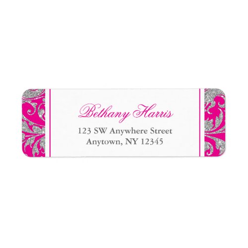 Hot Pink Silver Glitter Swirl Damask Label