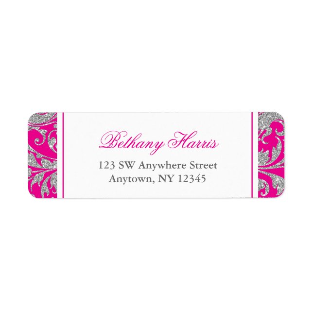 Hot Pink Silver Glitter Swirl Damask Label (Front)