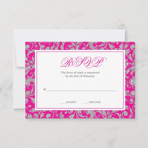 Hot Pink Silver Glitter Swirl Damask RSVP