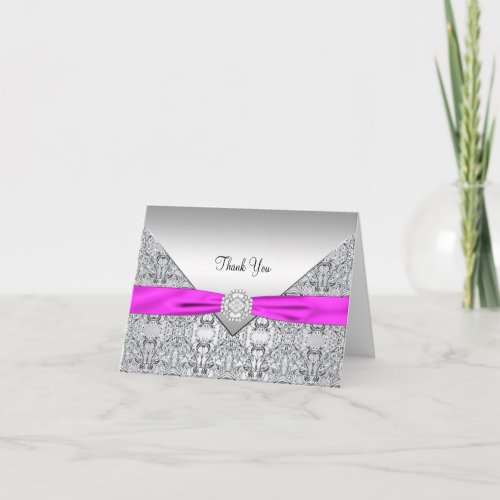 Hot Pink Silver Lace Thank You Cards