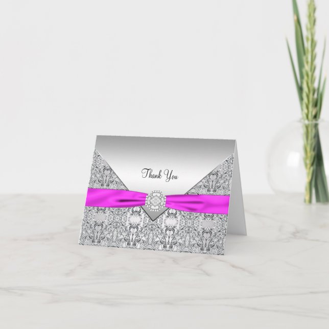 Hot Pink Silver Lace Thank You Cards (Front)