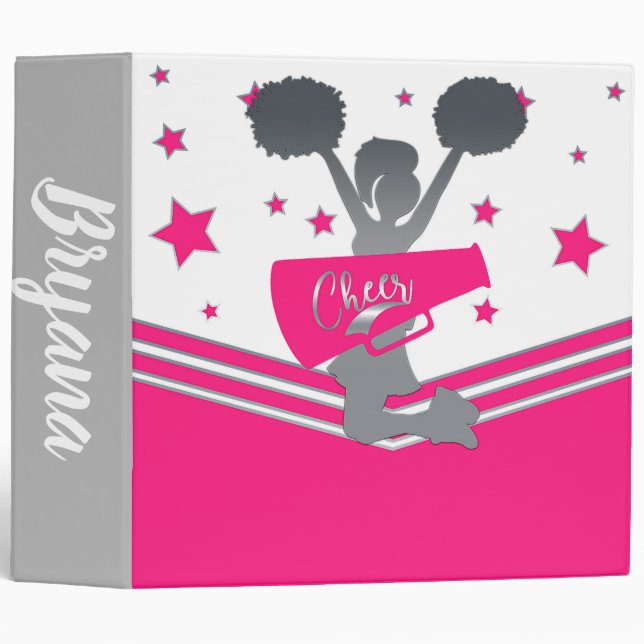 Hot Pink & Silver Stars Cheer Cheer-leading Girls Binder (Front/Spine)