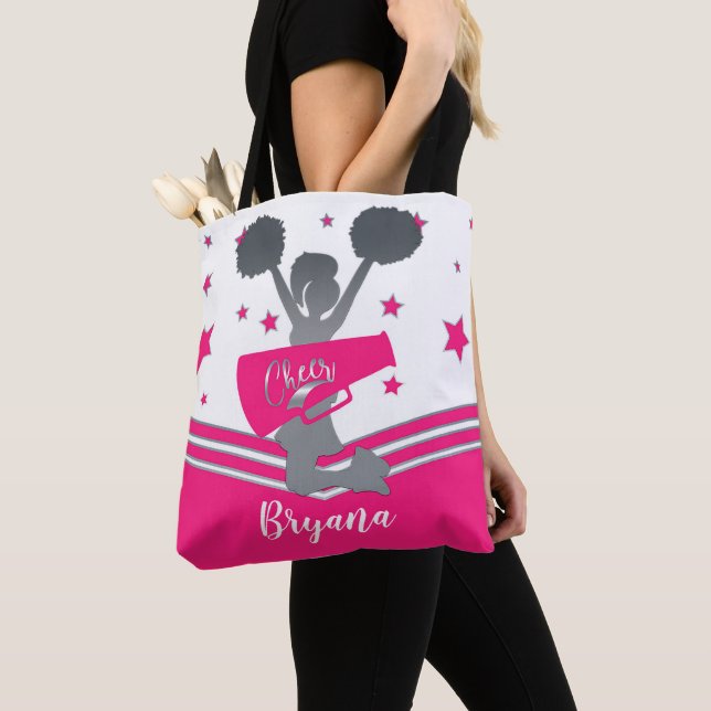 Hot Pink Silver Stars Cheer Cheer-leading Tote Bag (Close Up)