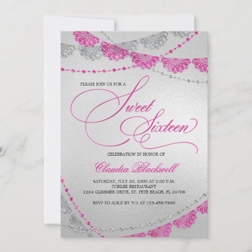 Hot Pink Silver Sweet 16 Birthday Invitation