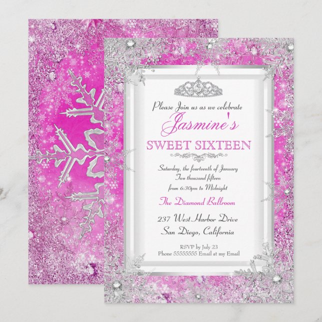 Hot Pink Silver Winter Wonderland Sweet 16 Invitation (Front/Back)