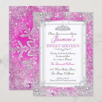 Hot Pink Silver Winter Wonderland Sweet 16 Invitation